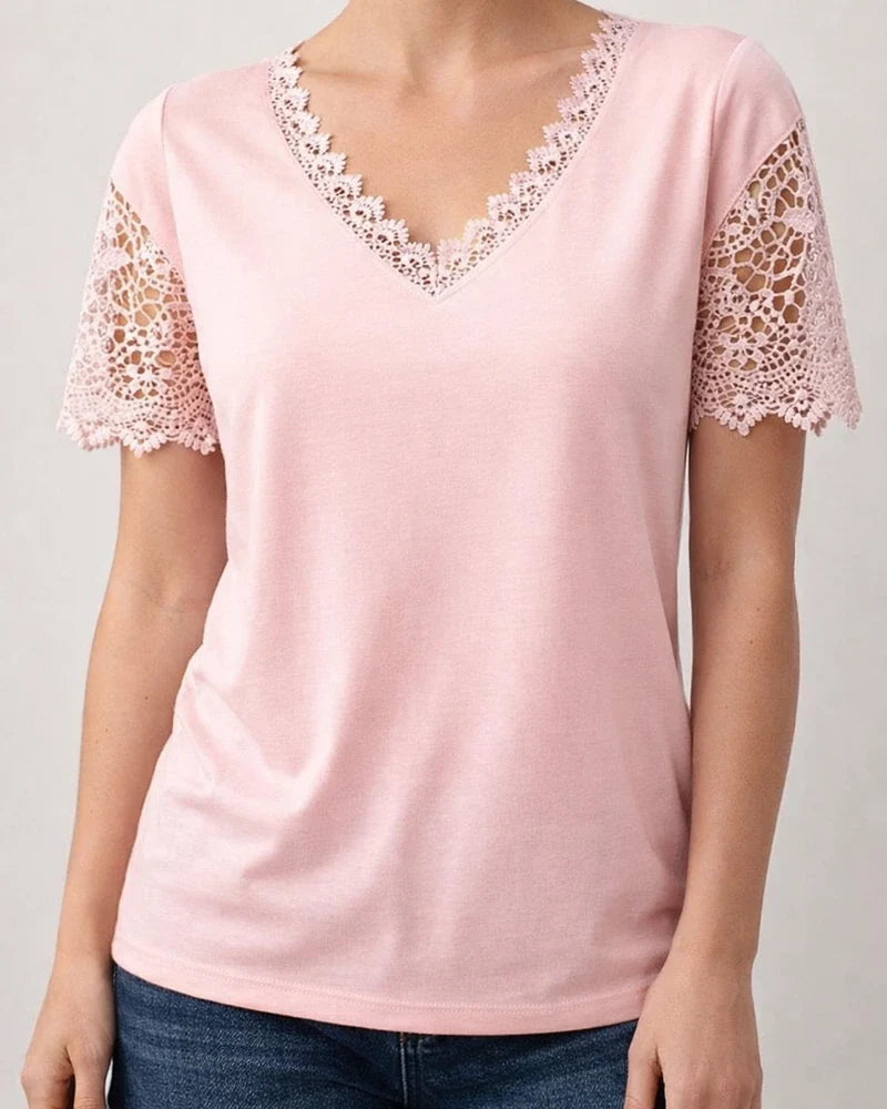 Lace Lace Splicing Loose V-neck Short-sleeved T-shirt | JRSEE:1868e99f-9fb2-4811-953b-a3f7575a9261