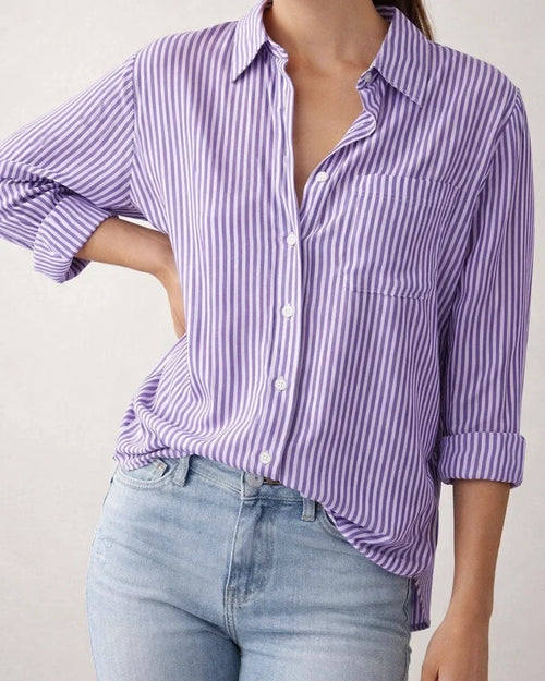 Ladies Temperament Commuter Sweet Fresh Pocket Loose Top Striped Classic Long Sleeve Work Shirt Blouse Cardigan | JRSEE:3aeabba2-c69f-404e-943c-e42153c2d0f4