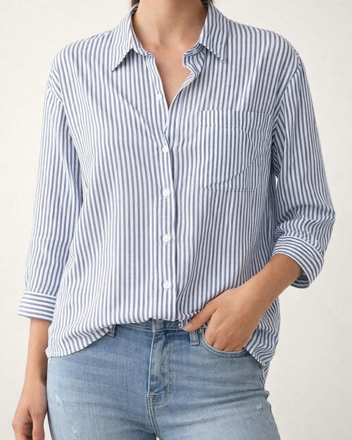 Ladies Temperament Commuter Sweet Fresh Pocket Loose Top Striped Classic Long Sleeve Work Shirt Blouse Cardigan | JRSEE:049d1f17-fd01-4ebf-897a-0e5ee7857473