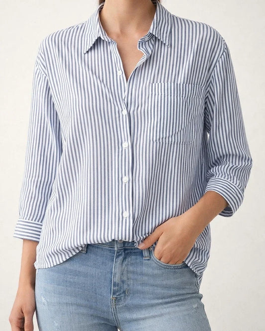 Ladies Temperament Commuter Sweet Fresh Pocket Loose Top Striped Classic Long Sleeve Work Shirt Blouse Cardigan | JRSEE:049d1f17-fd01-4ebf-897a-0e5ee7857473