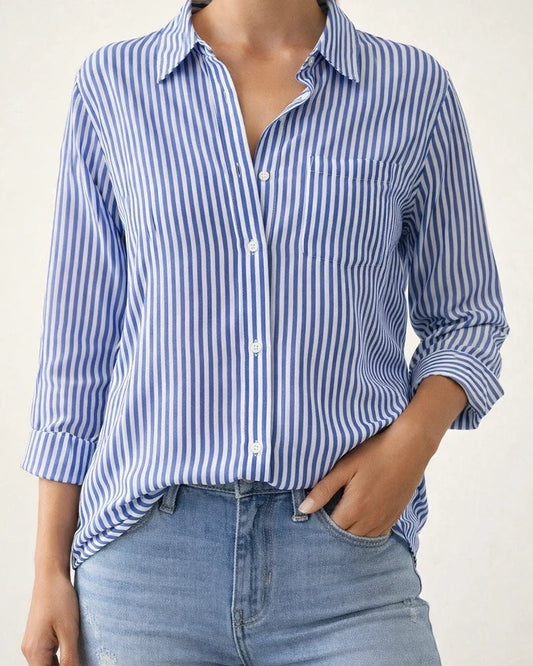 Ladies Temperament Commuter Sweet Fresh Pocket Loose Top Striped Classic Long Sleeve Work Shirt Blouse Cardigan | JRSEE:552430a9-6899-464e-9faa-5ed85d87d10e