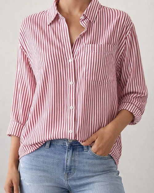 Ladies Temperament Commuter Sweet Fresh Pocket Loose Top Striped Classic Long Sleeve Work Shirt Blouse Cardigan | JRSEE:1fa9e921-cdc6-4682-a1d2-88d4aab7521d