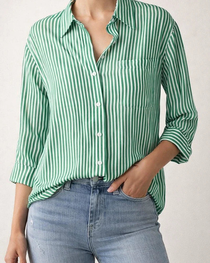 Ladies Temperament Commuter Sweet Fresh Pocket Loose Top Striped Classic Long Sleeve Work Shirt Blouse Cardigan | JRSEE:64ca2b7f-12a7-4c5f-be25-450f991160c1