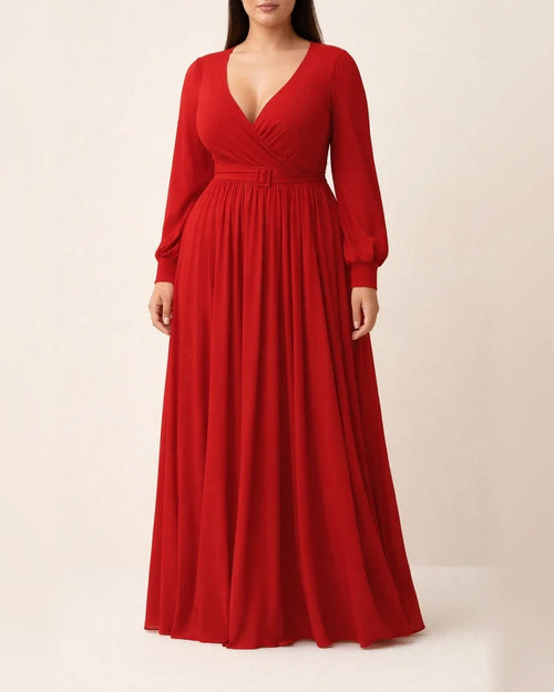 Large Size Women's Clothing Deep V Cross Grip Pleated Front Chest Under Skirt Solid Color Pleated Hem Dress | JRSEE:ebe9ad90-2c14-4f32-aa5f-e1539ecb9e92