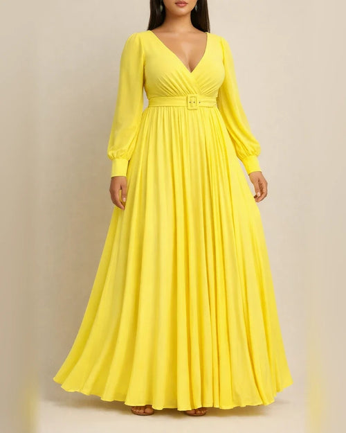 Large Size Women's Clothing Deep V Cross Grip Pleated Front Chest Under Skirt Solid Color Pleated Hem Dress | JRSEE:690676b7-681d-4eee-bdab-ff2d324f8818