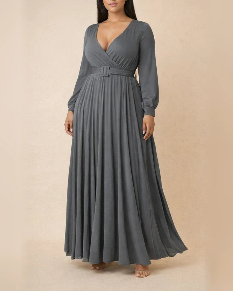 Large Size Women's Clothing Deep V Cross Grip Pleated Front Chest Under Skirt Solid Color Pleated Hem Dress | JRSEE:f547a4af-b3c9-46dd-8d2e-b4bb588acc83