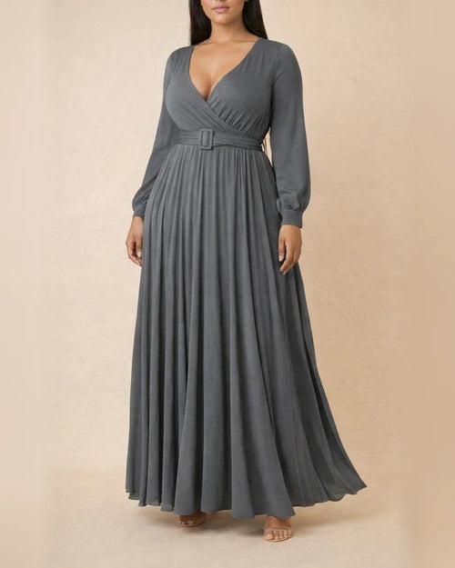 Large Size Women's Clothing Deep V Cross Grip Pleated Front Chest Under Skirt Solid Color Pleated Hem Dress | JRSEE:f547a4af-b3c9-46dd-8d2e-b4bb588acc83