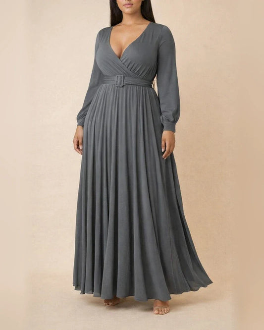 Large Size Women's Clothing Deep V Cross Grip Pleated Front Chest Under Skirt Solid Color Pleated Hem Dress | JRSEE:f547a4af-b3c9-46dd-8d2e-b4bb588acc83
