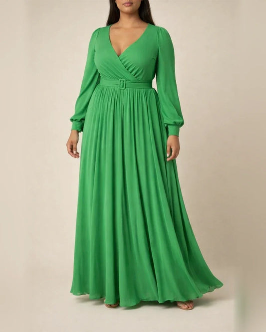 Large Size Women's Clothing Deep V Cross Grip Pleated Front Chest Under Skirt Solid Color Pleated Hem Dress | JRSEE:fd1fdaa8-a82a-41ea-99f2-f8e580599adb