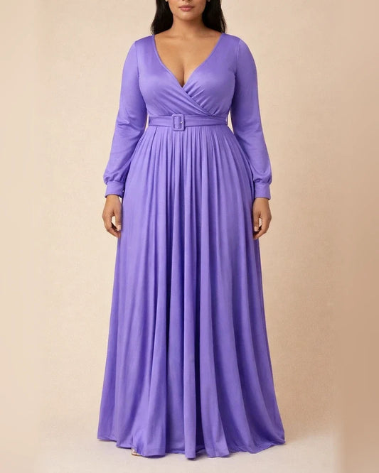 Large Size Women's Clothing Deep V Cross Grip Pleated Front Chest Under Skirt Solid Color Pleated Hem Dress | JRSEE:26d54141-3c36-41e5-83c7-07d767debca9