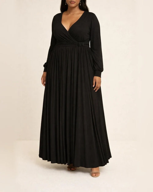 Large Size Women's Clothing Deep V Cross Grip Pleated Front Chest Under Skirt Solid Color Pleated Hem Dress | JRSEE:180a77e0-310b-43d3-9997-b6d7137db2d8