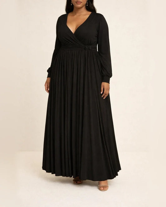 Large Size Women's Clothing Deep V Cross Grip Pleated Front Chest Under Skirt Solid Color Pleated Hem Dress | JRSEE:180a77e0-310b-43d3-9997-b6d7137db2d8