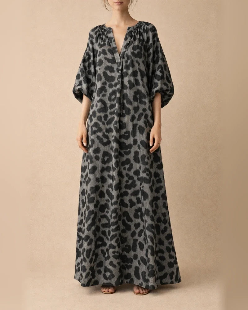 Leopard Print Stand Collar Bubble Sleeve Fashion Loose Casual Shirt Dress Black Dresses | JRSEE:8da22c37-52d4-4d2f-aa5c-f93bb3675578