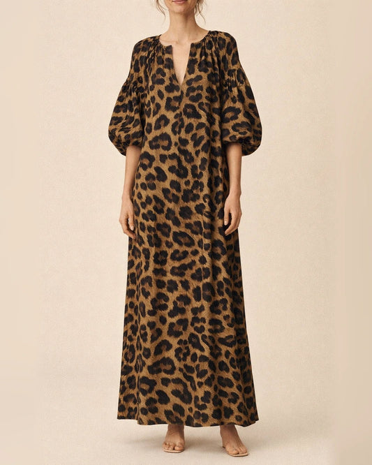 Leopard Print Stand Collar Bubble Sleeve Fashion Loose Casual Shirt Dress Black Dresses | JRSEE:2419f667-8efc-45b5-a884-e6931b5de8c0