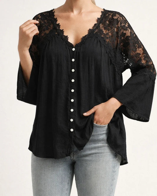 Loose Big Yards Lace Shirt Ruffle Sleeve Women Seven Minutes Sleeve Long Sleeve Pure Color Deep V Set Head Loose Type Commuter Wind Chiffon Shirt | JRSEE:59e98759-6194-4b70-98bc-cda8400d0a22