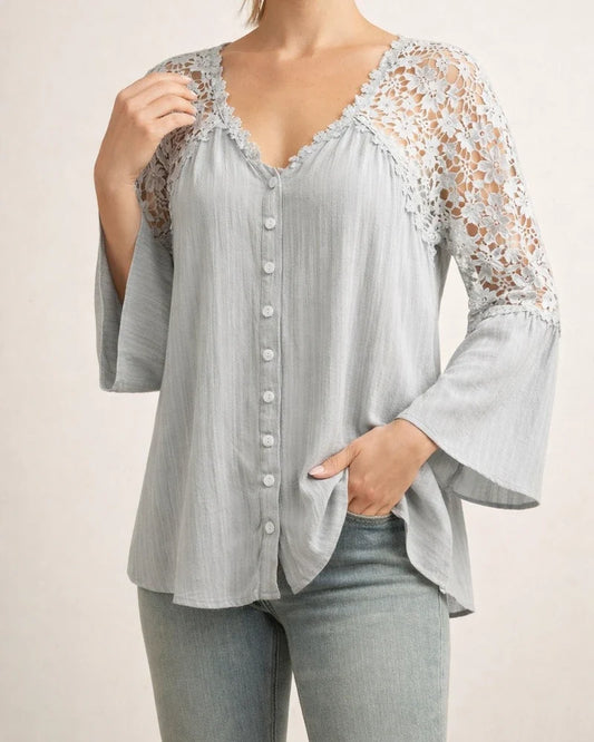 Loose Big Yards Lace Shirt Ruffle Sleeve Women Seven Minutes Sleeve Long Sleeve Pure Color Deep V Set Head Loose Type Commuter Wind Chiffon Shirt | JRSEE:52c8c77b-b084-4205-bed1-ad918d776041