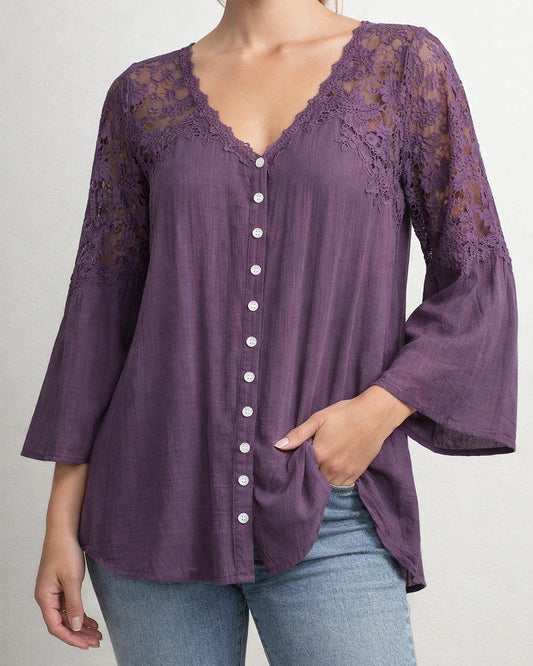 Loose Big Yards Lace Shirt Ruffle Sleeve Women Seven Minutes Sleeve Long Sleeve Pure Color Deep V Set Head Loose Type Commuter Wind Chiffon Shirt | JRSEE:6fe2855a-432d-4bbb-9858-3ce26d4e8ff6