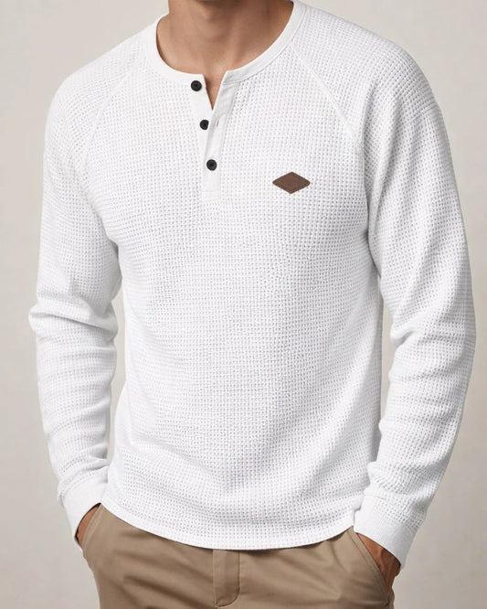 Men's Casual American-Style Spring/Fall Lightweight Waffle-Weave Button-Down Henley Long-Sleeve T-Shirt | JRSEE:3e1586f8-4d0d-4b86-896f-d7ba7d11c45a