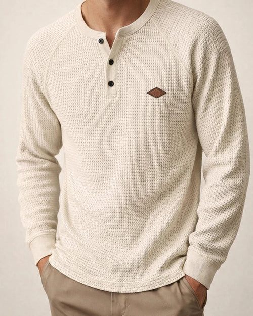 Men's Casual American-Style Spring/Fall Lightweight Waffle-Weave Button-Down Henley Long-Sleeve T-Shirt | JRSEE:3c66743d-c029-4dfc-9301-cde629b4469b