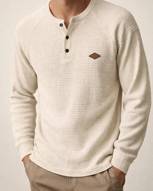 Men's Casual American-Style Spring/Fall Lightweight Waffle-Weave Button-Down Henley Long-Sleeve T-Shirt | JRSEE:3c66743d-c029-4dfc-9301-cde629b4469b