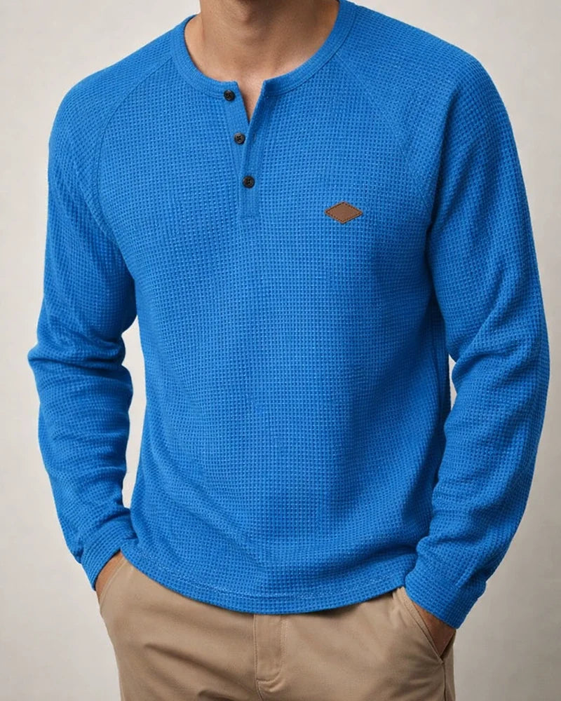 Men's Casual American-Style Spring/Fall Lightweight Waffle-Weave Button-Down Henley Long-Sleeve T-Shirt | JRSEE:c3835495-f1d8-4a18-8b87-8397980a5e01
