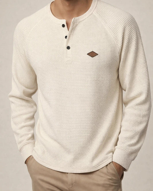 Men's Casual American-Style Spring/Fall Lightweight Waffle-Weave Button-Down Henley Long-Sleeve T-Shirt | JRSEE:eeefe1ee-141f-4612-a180-ad30e0015a7d
