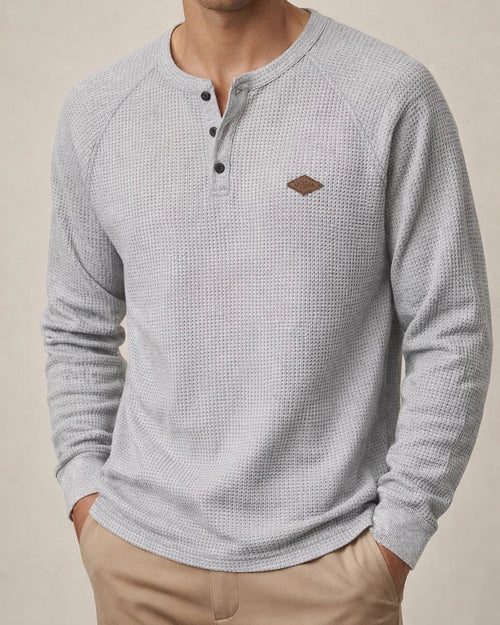 Men's Casual American-Style Spring/Fall Lightweight Waffle-Weave Button-Down Henley Long-Sleeve T-Shirt | JRSEE:74471bd5-4b03-4a8a-9683-ea6b5d270df3
