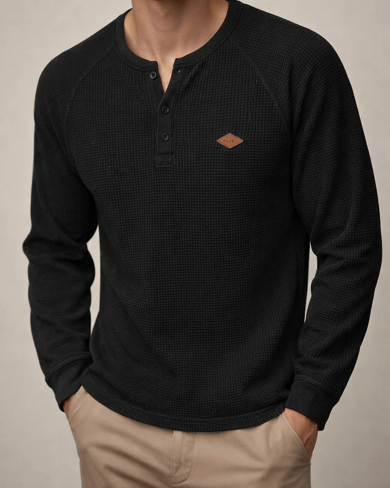 Men's Casual American-Style Spring/Fall Lightweight Waffle-Weave Button-Down Henley Long-Sleeve T-Shirt | JRSEE:3bc6c10d-be14-4c51-b899-2b2776b0aa8c