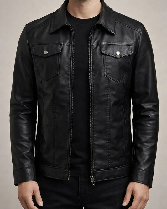 Men's Casual Basic Section Solid Color Leather Jacket Slim Trend Lapel Biker Jacket Men's Leather Zipper Insert Pockets Jacket | JRSEE:2f4fb71d-e569-433a-8cb8-6c0e6d690fff
