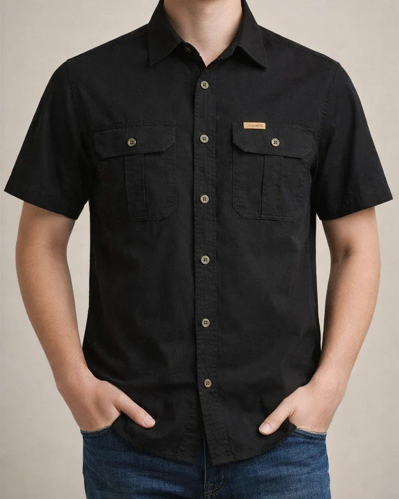 Men's Casual Loose Short-sleeved Shirt Solid Color in The Youth Lapel Thin Basic Paragraph Pocket Design Single-breasted Shirt Cardigan | JRSEE:4207f910-0752-41b7-8e9b-13c0919d5dc7