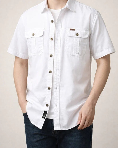 Men's Casual Loose Short-sleeved Shirt Solid Color in The Youth Lapel Thin Basic Paragraph Pocket Design Single-breasted Shirt Cardigan | JRSEE:59cd3334-073e-4611-820a-e04a773640b2