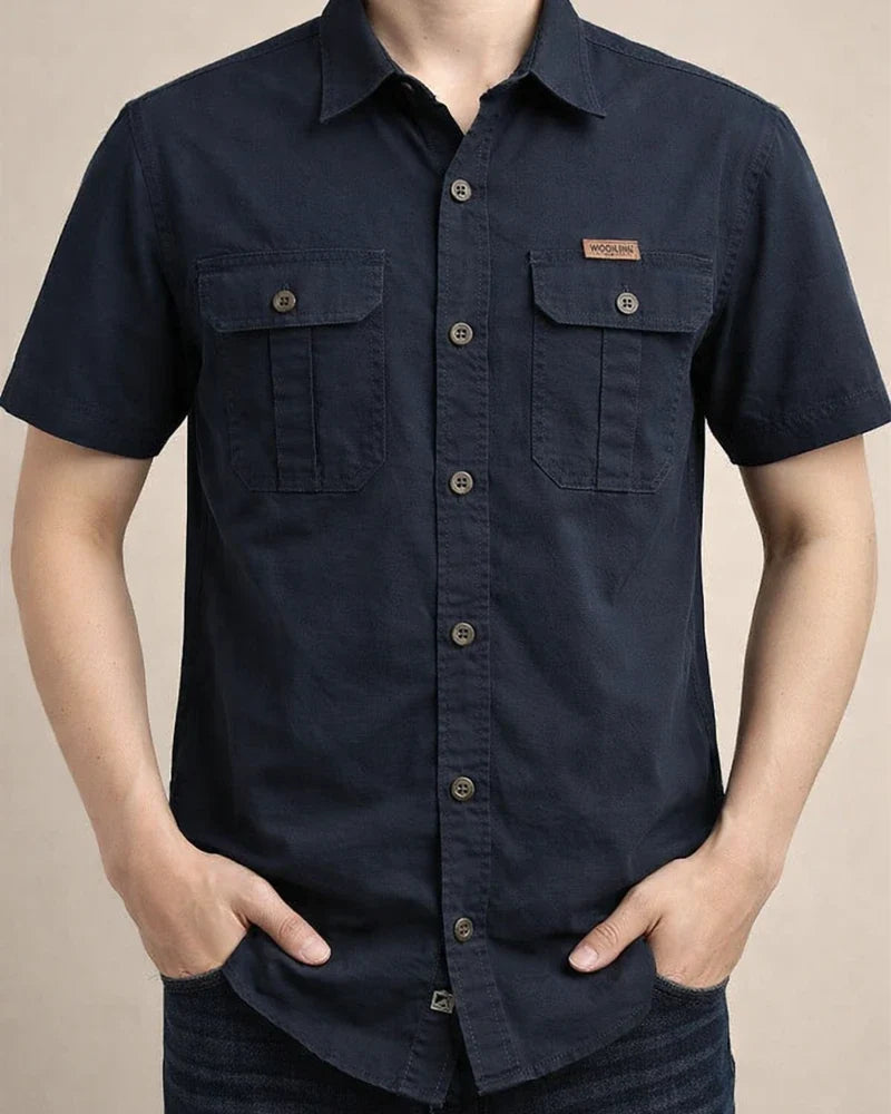Men's Casual Loose Short-sleeved Shirt Solid Color in The Youth Lapel Thin Basic Paragraph Pocket Design Single-breasted Shirt Cardigan | JRSEE:5f789736-632d-41ea-833c-fc37a86bcc23