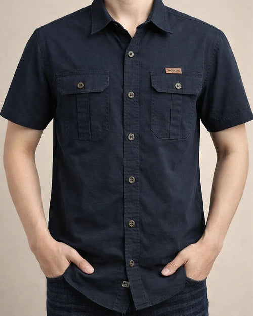 Men's Casual Loose Short-sleeved Shirt Solid Color in The Youth Lapel Thin Basic Paragraph Pocket Design Single-breasted Shirt Cardigan | JRSEE:5f789736-632d-41ea-833c-fc37a86bcc23