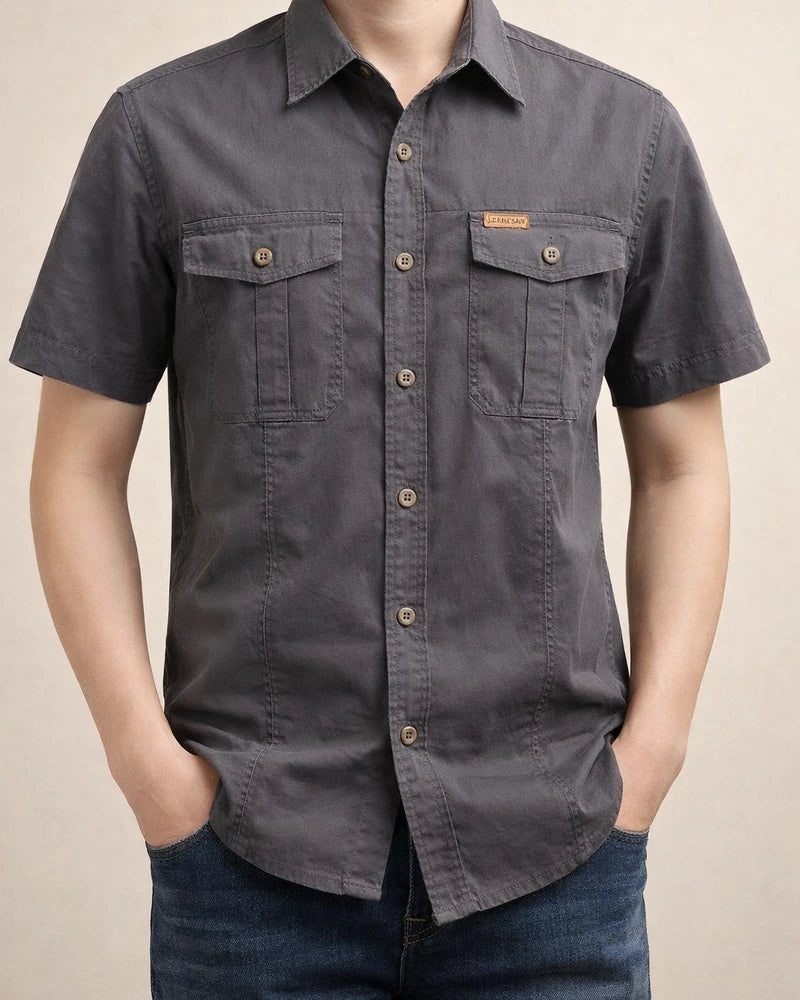 Men's Casual Loose Short-sleeved Shirt Solid Color in The Youth Lapel Thin Basic Paragraph Pocket Design Single-breasted Shirt Cardigan | JRSEE:837d5396-b593-48f4-8037-3abd2ec9d780
