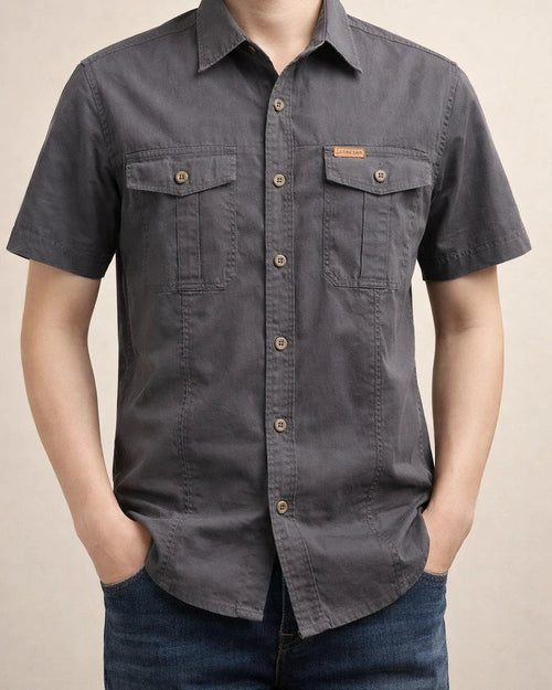 Men's Casual Loose Short-sleeved Shirt Solid Color in The Youth Lapel Thin Basic Paragraph Pocket Design Single-breasted Shirt Cardigan | JRSEE:837d5396-b593-48f4-8037-3abd2ec9d780