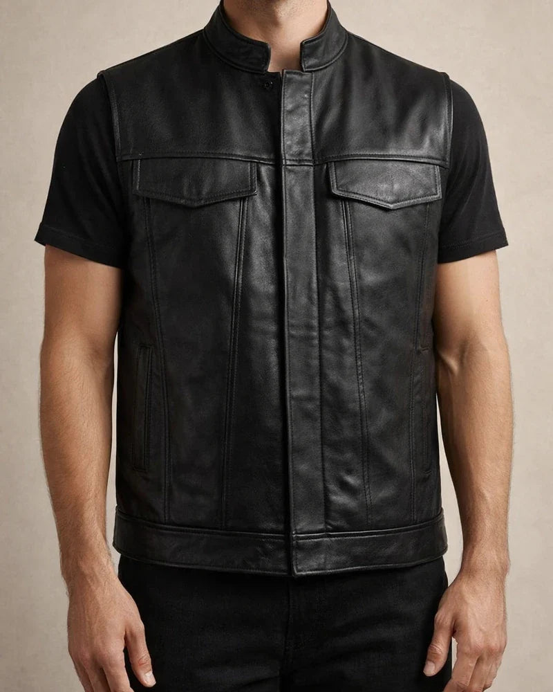 Men's Casual Solid Color Vest Biker Stand-up Collar Single-breasted Sleeveless Multi-pocket Leather Vest Fleet Punk Shoulders | JRSEE:a5bea8c2-d74d-4807-a252-a602f94097ad