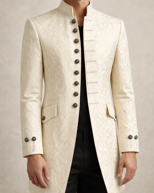Men's Coat Lightweight Cocktail Party Cosplay Costumes Nightclub Buttoned Front Stand Collar Artistic / Retro Punk Fashion Elegant & Luxurious Jacket Outerwear Solid Color with Pockets Blue White | JRSEE:f894b964-77bb-4cd2-924f-6f976842a0af