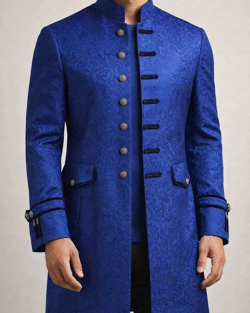 Men's Coat Lightweight Cocktail Party Cosplay Costumes Nightclub Buttoned Front Stand Collar Artistic / Retro Punk Fashion Elegant & Luxurious Jacket Outerwear Solid Color with Pockets Blue White | JRSEE:01017c7f-20f0-40a8-89a8-3b443384ebeb