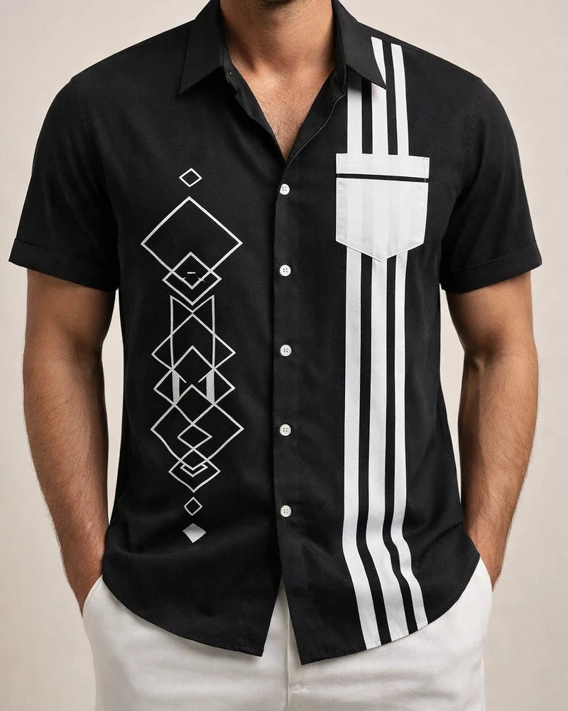 Men's Color-Blocked Diamond-Print Short-Sleeve Casual Beach Shirt with Notched Collar | JRSEE:5053abcc-0394-41a8-a389-81085de4c1bf