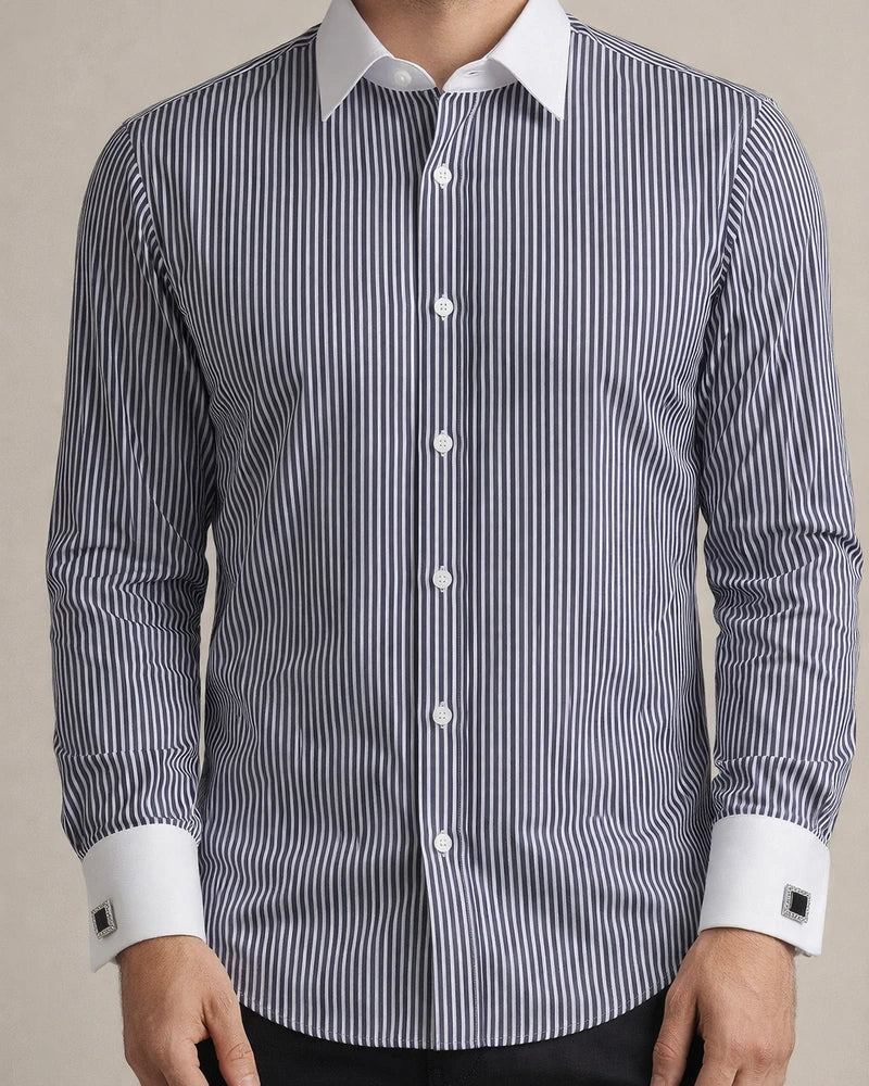 Men's Dress Shirt Black White Sky Blue Long Sleeve Striped Turndown Spring Fall Wedding Work Clothing Apparel | JRSEE:c979c005-2a06-4029-942a-323ad058b57d