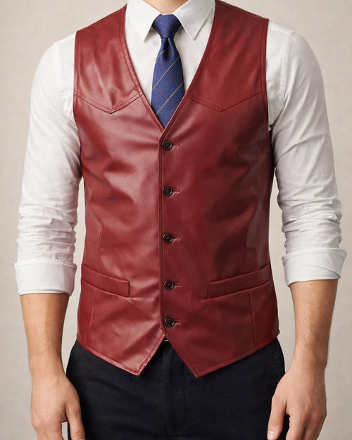 Men's Fall/Winter PU Vest - Fashionable Vintage Men's Vest with V-Neck Casual Leather Vest | JRSEE:388a71f8-fc69-4497-b631-014a2399aeb0