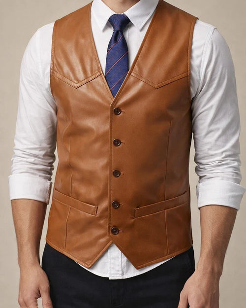 Men's Fall/Winter PU Vest - Fashionable Vintage Men's Vest with V-Neck Casual Leather Vest | JRSEE:b2d02fc2-6ed0-44d4-ae8b-922bd80066d5