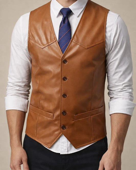 Men's Fall/Winter PU Vest - Fashionable Vintage Men's Vest with V-Neck Casual Leather Vest | JRSEE:b2d02fc2-6ed0-44d4-ae8b-922bd80066d5