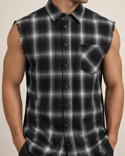 Men's Fashionable Checkered Sleeveless Shirt | JRSEE:75057eb0-868d-4673-a657-be8bd5f5ad73