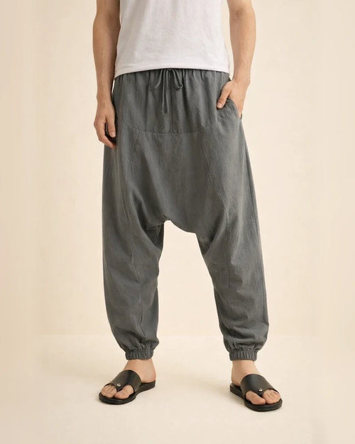 Men's Harem Linen Pants Trousers Summer Pants Baggy Drawstring Plain Full Length Casual Daily Linen / Cotton Blend Ethnic Style Boho Loose Fit Black Navy Blue | JRSEE:1c20caf6-c444-4073-9c01-29e0ffe01748