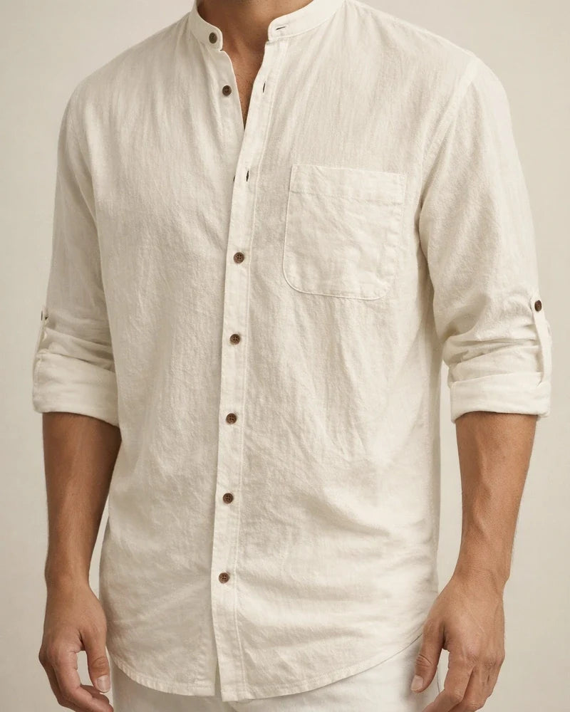 Men's Hawaiian-Style Stand-up Collar Linen Casual Long-Sleeve Solid-Color Shirt | JRSEE:a833ed5d-fec8-4779-ba7e-b717b269f7de