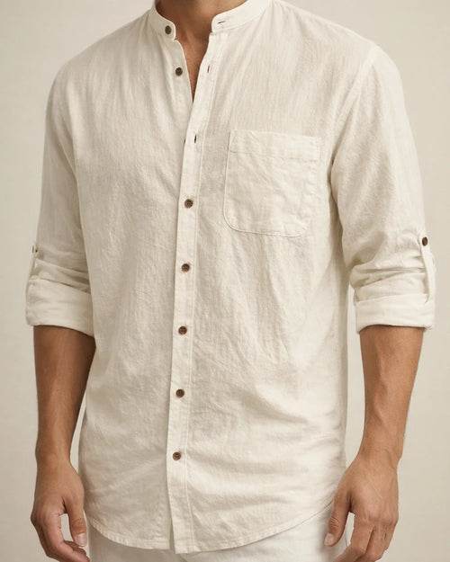 Men's Hawaiian-Style Stand-up Collar Linen Casual Long-Sleeve Solid-Color Shirt | JRSEE:a833ed5d-fec8-4779-ba7e-b717b269f7de
