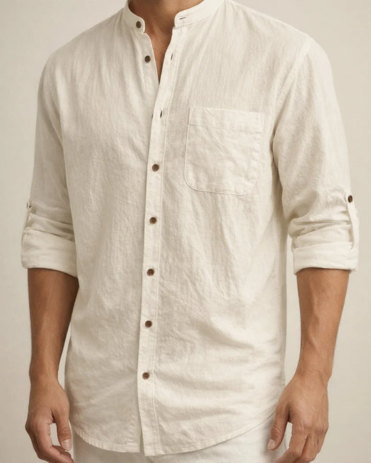 Men's Hawaiian-Style Stand-up Collar Linen Casual Long-Sleeve Solid-Color Shirt | JRSEE:a833ed5d-fec8-4779-ba7e-b717b269f7de