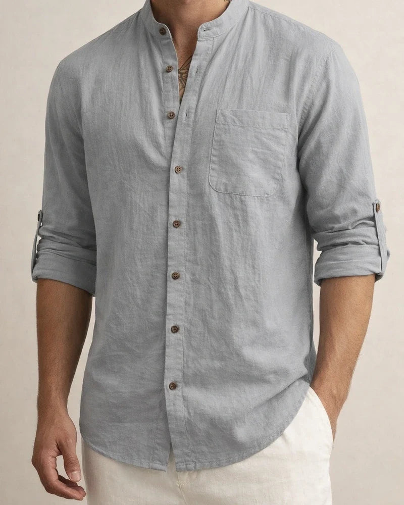 Men's Hawaiian-Style Stand-up Collar Linen Casual Long-Sleeve Solid-Color Shirt | JRSEE:77434e6b-fb79-4313-bab0-cc963dacdda0