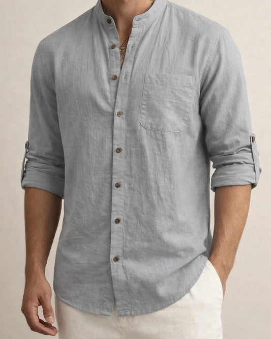 Men's Hawaiian-Style Stand-up Collar Linen Casual Long-Sleeve Solid-Color Shirt | JRSEE:77434e6b-fb79-4313-bab0-cc963dacdda0